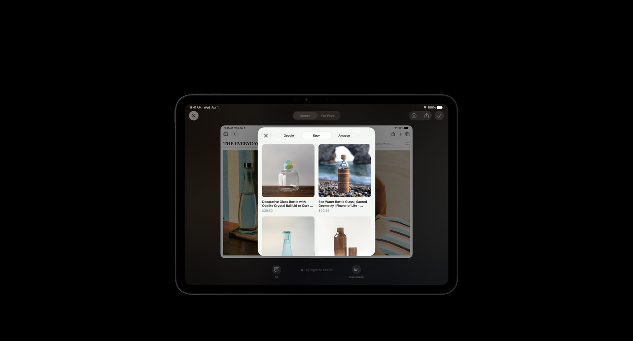 Tela do iPad Pro de 11 polegadas preto-espacial mostra imagens de produtos em resposta a uma consulta feita à Inteligência Visual sobre garrafas de vidro. Os botões Perguntar e Buscar Imagens aparecem abaixo das imagens