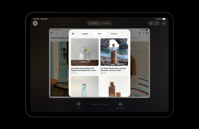 Tela do iPad Pro de 11 polegadas preto-espacial mostra imagens de produtos em resposta a uma consulta feita à Inteligência Visual sobre garrafas de vidro. Os botões Perguntar e Buscar Imagens aparecem abaixo das imagens