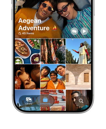 Egy ezüstszínű iPhone 17 Pro kijelzőjén nyaralási képek láthatók rácsszerűen elrendezve.