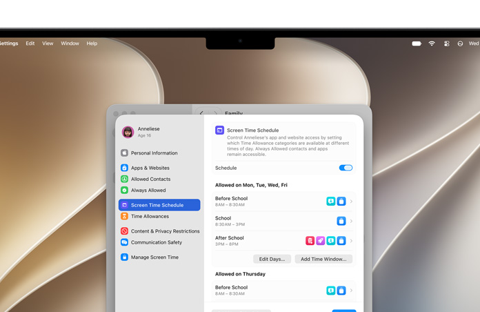 شاشة MacBook Pro تعرض خيار مدة السماح وخيار جدول مدة استخدام الجهاز في الإعدادات لتحديد الوقت المسموح به للأولاد