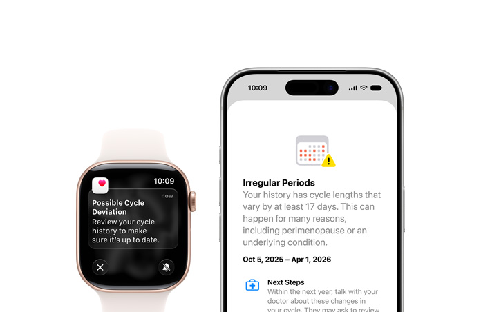 Az Egészség app Cikluskövetés funkciójának Lehetséges cikluseltérésre vonatkozó értesítése