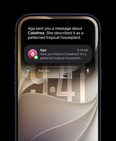 جهاز iPhone 17 Pro، لون نيلي عميق، الشاشة الأمامية، يعرض طلب استعلام موجّهاً إلى Siri عن نبتة منزلية مذكورة في محادثة في تطبيق الرسائل.