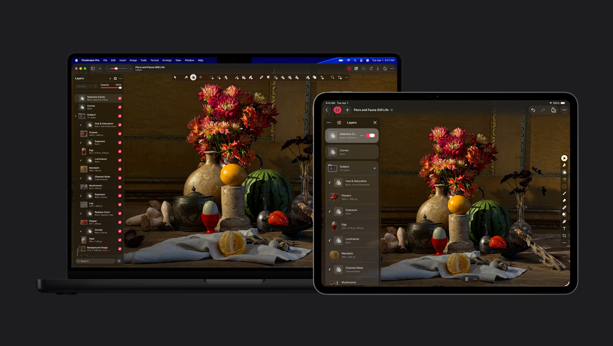 16 inç MacBook Pro ve 13 inç iPad Pro ekranları, Pixelmator Pro, flora ve fauna natürmort resmi, sol tarafta katmanlar araç takımı