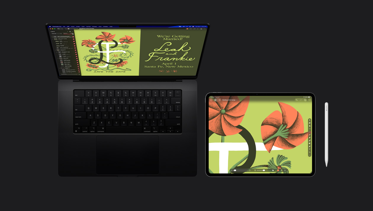 16 inç MacBook Pro ekranı, yeşil arka planda stilize turuncu çiçekli bir düğün davetiyesi illüstrasyonu, davet tarihi ve L ve F harfleri görülüyor; sağ tarafında Apple Pencil duran bir iPad Pro ekranı, yeşil arka planda stilize turuncu çiçekli bir illüstrasyon ve araç çubukları gösteriliyor