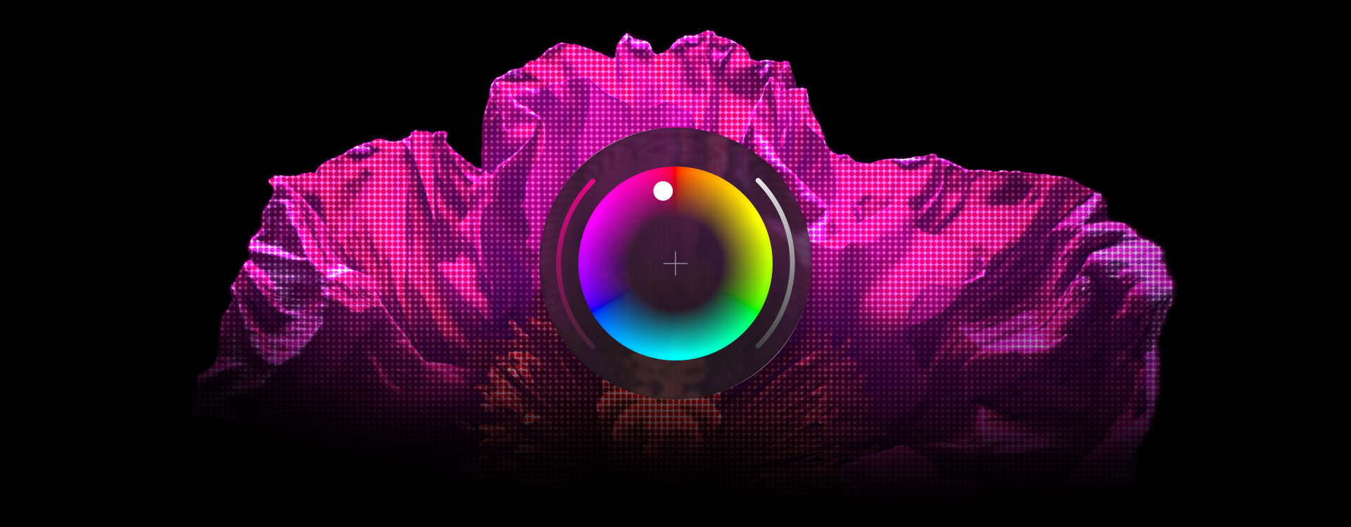 Pembe, dokulu bir nesne, ortada Pixelmator Pro Renk Seçici aracı
