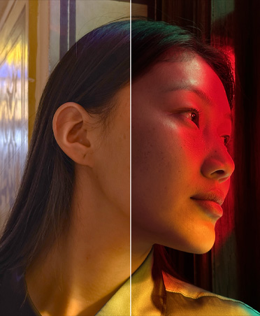 Karanlık bir iç mekanda kırmızı ışıkta duran bir kadının ikiye bölünmüş fotoğrafı, fotoğrafın sol yarısı ve sağ yarısı birbirinden farklı
