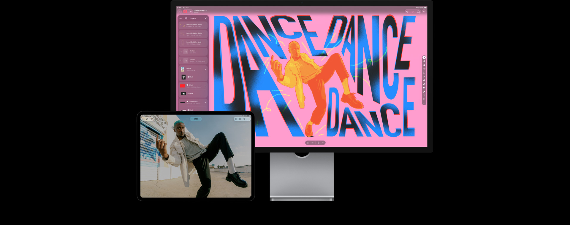 iPad Pro ekranında mavi saçlı, beyaz ceketli, gri tişörtlü, siyah pantolonlu ve ayakkabılı bir adamın açık havada dans ettiği bir fotoğraf gösteriliyor, Mac Studio Display ekranında dans eden adamın mavi, sarı ve kırmızı renklerle düzenlenmiş görseli ve renkli, stilize tipografiyle dolu bir çalışma alanı gösteriliyor