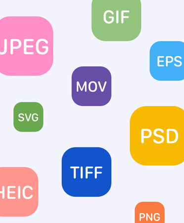 Her birinin içinde farklı bir dosya formatı adı yazan baloncuklar, Pixelmator Pro’nun geniş dosya desteğini vurguluyor