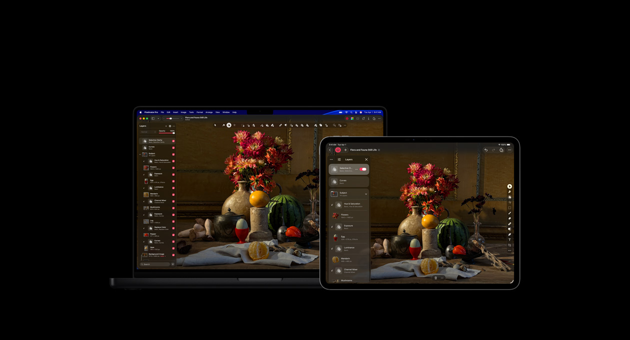 16 inç MacBook Pro ve 13 inç iPad Pro ekranları, Pixelmator Pro, flora ve fauna natürmort resmi, sol tarafta katmanlar araç takımı