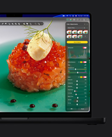 16 inç MacBook Pro ekranı, bir tabakta duran somon ve havyarın yakın çekim fotoğrafı, renk düzenleme aracı