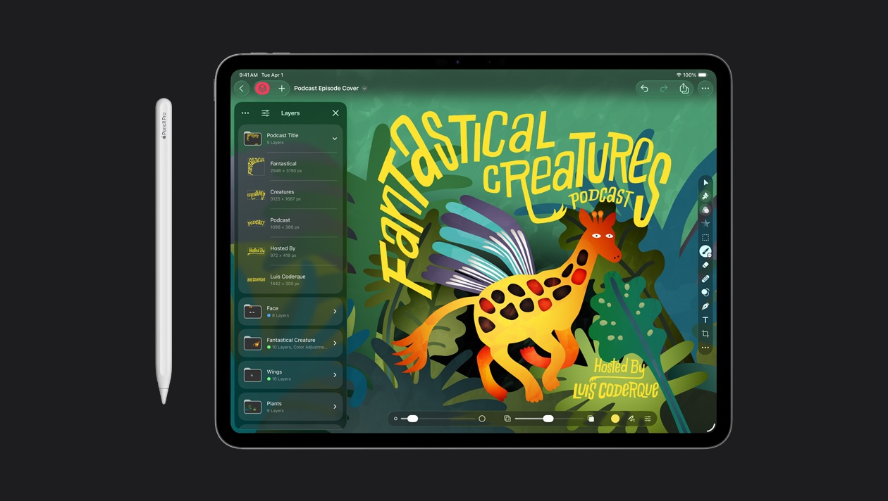 13 inç iPad Pro ekranı yanında Apple Pencil, ekranında fantastik yaratıklar hakkında bir podcast’in illüstrasyonu gösteriliyor