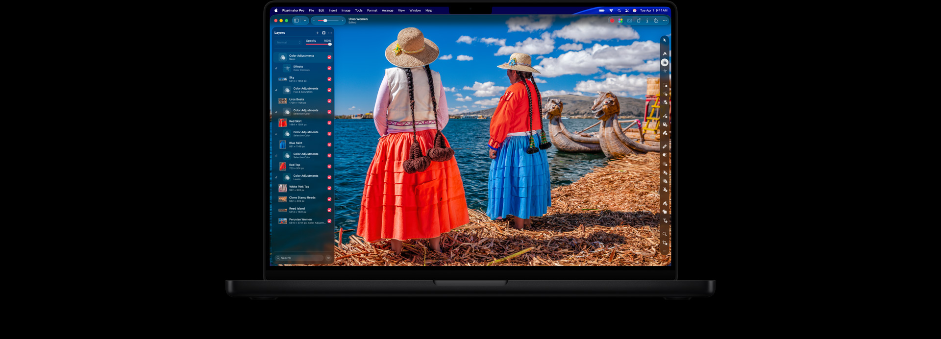 16 inç MacBook Pro ekranı, canlı renk kıyafetler giymiş iki kadının fotoğrafı, renk düzenleme araçları