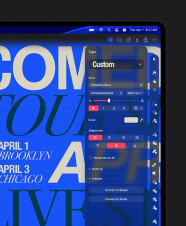 16 inç MacBook Pro ekranı, Comedy Tour posteri görseli, özel yazı aracı